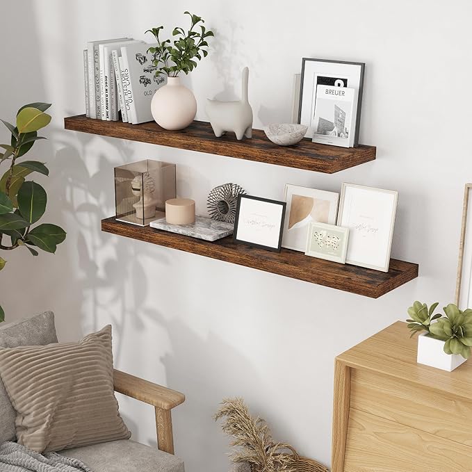 48 Inch Floating Shelves, 9.3 Inch Deep Floating Shelf for Wall, Rustic Wood Wall Shelves 48 x 9.3 x 1.5, Large Bathroom Shelf 48 Inch, Deep Shelves for Kitchen, Bedroom, Rustic Brown Color, 2 Pack