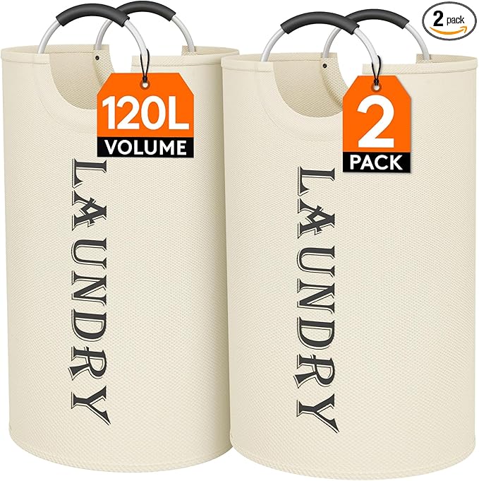 Lifewit 120L 2-Pack Large Laundry Basket, Collapsible Laundry Hamper with Aluminum Handles, Waterproof Freestanding Dirty Clothes Hampers for Laundry Room Bedroom Dorm Bathroom, White