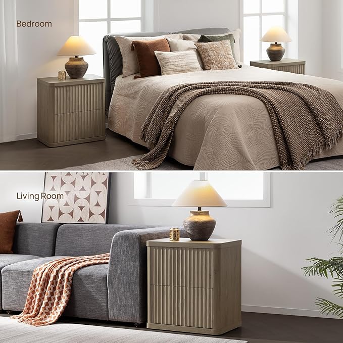 SICOTAS Night Stand Set of 2 Nightstands with 2 Drawers Storage Bedside Table Large Fluted Bed Side End Table Modern 24.4" Tall Wide Night Stands for Bedroom Living Room Sofa Couch Office, Grey Alder