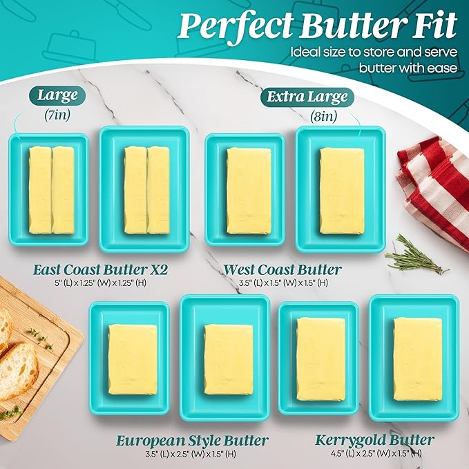 Flexzion Ceramic Blue European Butter Dish with Lid for Countertop (8 Inch) - Wide 2 Stick Double Butter Holder for Counter, Cream Cheese Container Storage Keeper