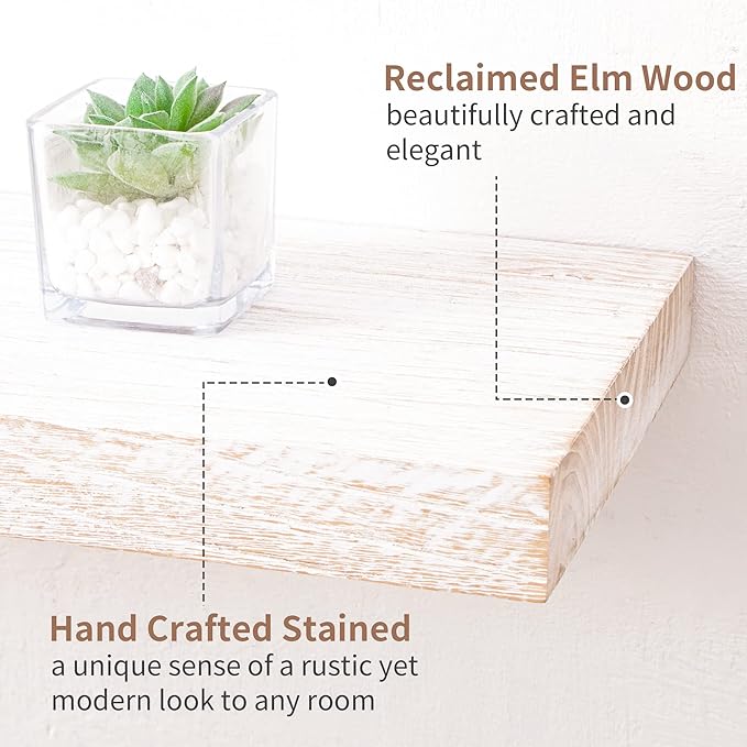 Axeman Floating Shelves - 24''W x 8''D Rustic Solid Elm Wood Wall Shelves for Storage, Wall Mounted Display Shelving with Invisible Heavy-Duty Metal Bracket (White Wash, 2PCs)