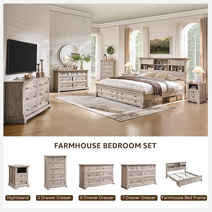 T4TREAM Farmhouse 7 Drawers Dresser for Bedroom, 54" Wide Wood Rustic Chest of Drawers w/Roman Column, Wooden Storage Dressers Organizer for Bedroom, Living Room, Light Rustic Oak