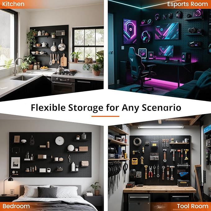 Pegboard, 4 PCS 24"×16" Metal Peg Board Panels Black Modular Wall Organizer Kit with 40 Hooks, Dual-Size Hole Design for Home Tool Storage, Garage Organization, Kitchen, Office, Craft Room