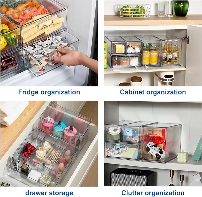 Fridge Drawer Pull Out Stackable Bins, Clear Refrigerator Stackable Organizers, Fridge Organizer Storage for Kitchen, Pantry, Vegetables, Fruits (2 Large)