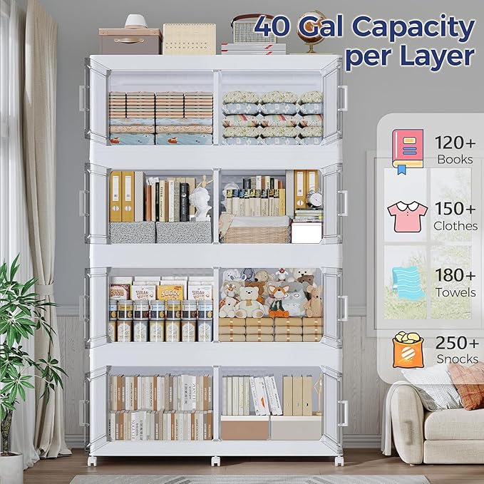 200Gal Stackable Storage Bins with Lid, 800Qt Extra Large Collapsible Storage Box with Wheels, Dividers, Folding Plastic Cabinet Closet Organizers for Home Kitchen Office Dorm, 5Pack White