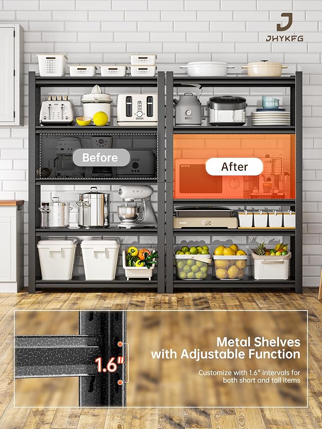 JHYKHG 63" H Storage Shelves,5-Tier Heavy Duty Garage Shelving,Adjustable Shelving Unit,Metal Shelf,Boltless Assembly Rack for Warehouse,Shed,2,500 lb Load,16 x 24 x 63 Inches,Black