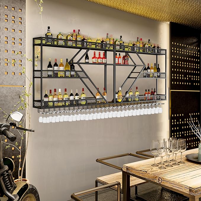 94.4in Wine Rack Wall Mounted, Modern Wine Storage Rack Wall Mounted with Wine Glass Holder, Liquor Shelf, Bar Shelves for Liquor Bottles (3TIERS Black, 94.48 * 7.87 * 33.85INCH)