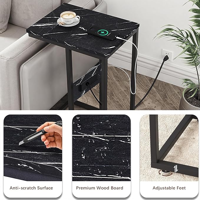 VECELO C Shaped End Side Table with Charging Station & Power Outlets for Couch Sofa/Bed, Snack TV Tray with Metal Frame for Living Room Bedroom 2 PCS Black Marble