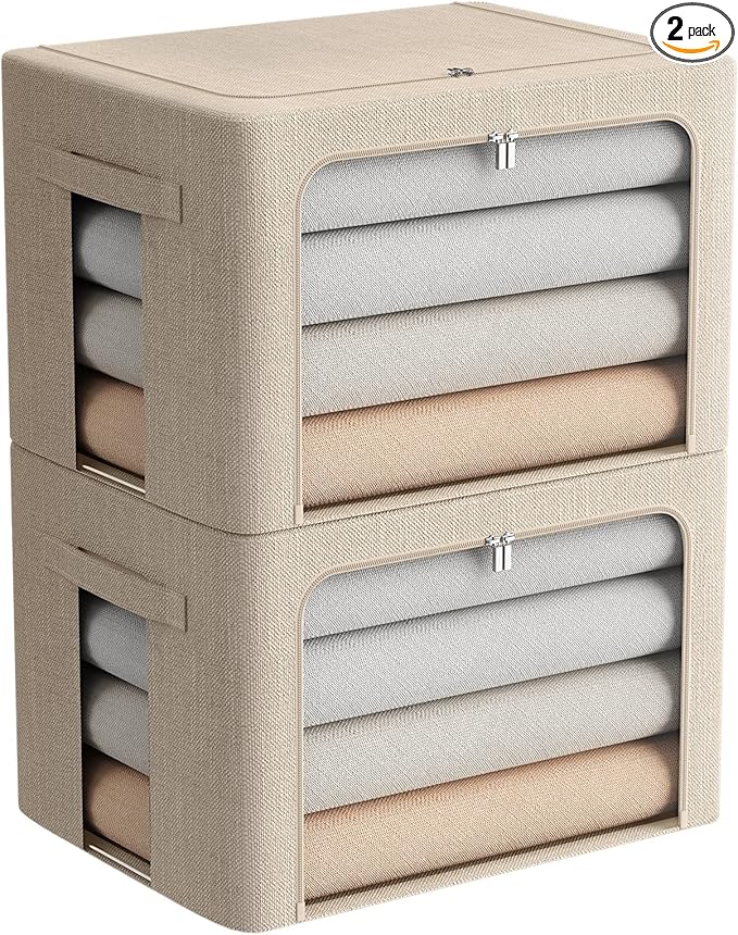 FHSQX 2 Pack Clear Window Storage Bins - Large Stackable Linen Fabric Storage for Clothes Foldable Container Organizer Set with Carrying Handles (Beige, 19.7x 15.7x 12.6 Inch)