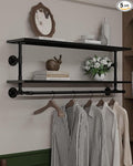 Black Clothes Rack 48in, 2-Tier Wall Mounted Garment Rack with Real Wood Shelf, Heavy Duty Hanging Clothes Rack, Multi-Purpose Hanging Rod, Space-Saving Closet Storage