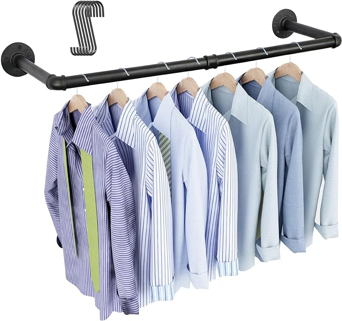 OROPY Industrial Pipe Clothing Rack 38.4", Heavy Duty Detachable Wall Mounted Clothes Rack Black Iron Garment Bar, Multi-purpose Hanging Rod for Closet Storage, Black (Two Base)
