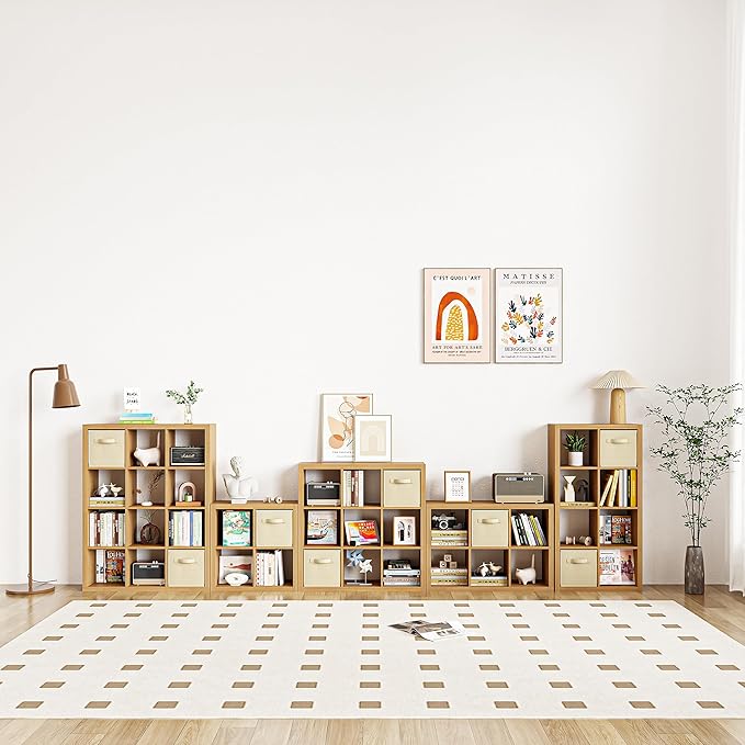 furtble Bookshelf with Storage Bins, 12-Cube Storage Organizer, Modern Wood Open Bookcase, Multifunctional Display Shelf for Living Room, Bedroom, Home Office, Oak