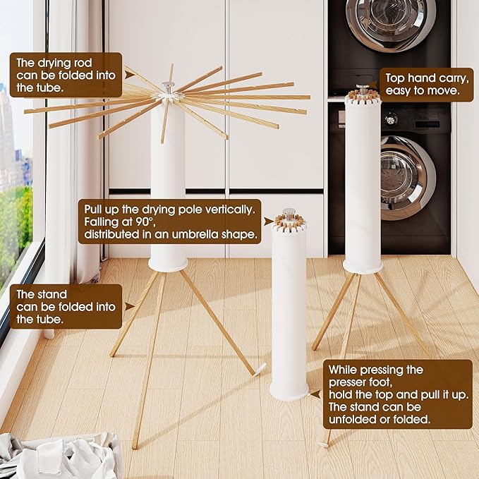 Clothes Drying Rack Foldable,Laundry Drying Rack,Drying Rack Clothing(16 Wood Poles),Clothes Hanger Rack,Laundry Rack Folding,Collapsible,Retractable