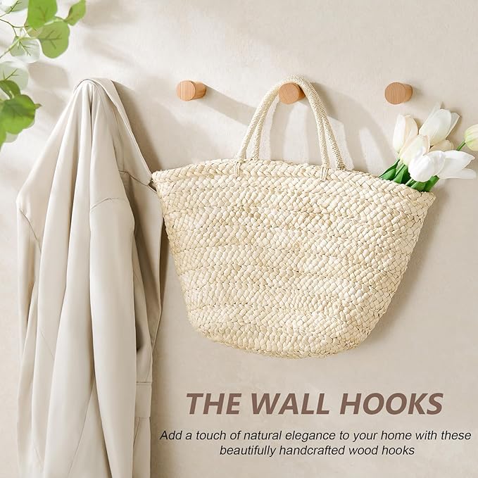 Wooden Wall Hooks 6 Pack, Modern Decorative Coat Hook Wall-Mount, Handmade Rustic Hat Hooks, Entryway Wall Hangers for Hanging Coats Hats Backpack, Bathroom Wood Towel Rack (Natural)