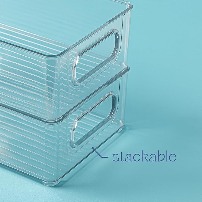 primebox Clear Plastic Organizing Container with Integraged Handles for Home Organization for Kitchen, Pantry, Fridge, Freezer, Cabinet,Bathroom, Stackable. 10"x6"x3"