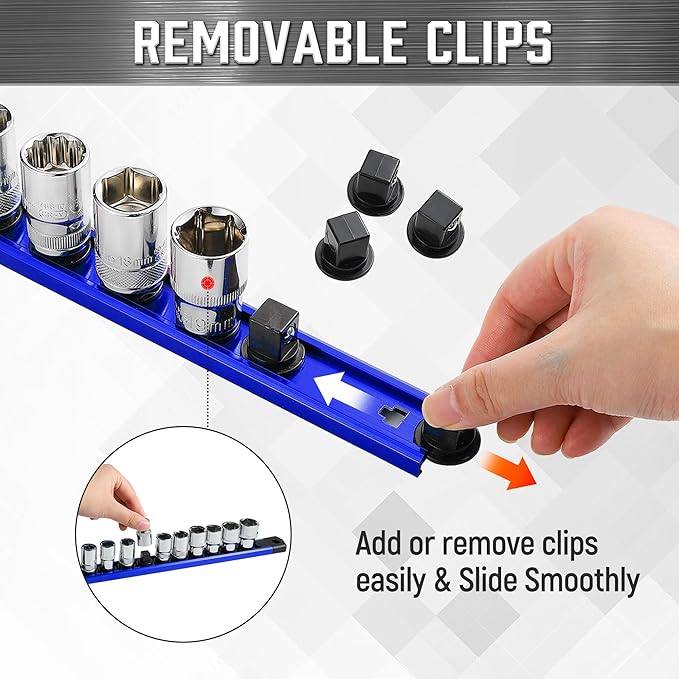 ALOANES 3-Piece Magnetic Socket Organizer, Heavy Duty Aluminum Socket Rails Organizer, 360° Swivel Clips Socket Holder Kit for Tool Box, 1/2, 3/8, 1/4-Inch Socket Holder x 40 Clips (Blue)