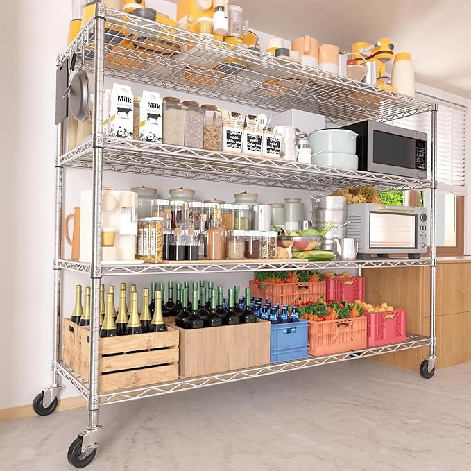 PrimeZone 4 Tier 55.5" Wx24 Dx76 H Wire Shelving with Wheels 2400lbs NSF Certified Storage Shelves Heavy Duty Metal Shelf Adjustable Rolling Rack Commercial Garage Restaurant Warehouse Kitchen 8Pack