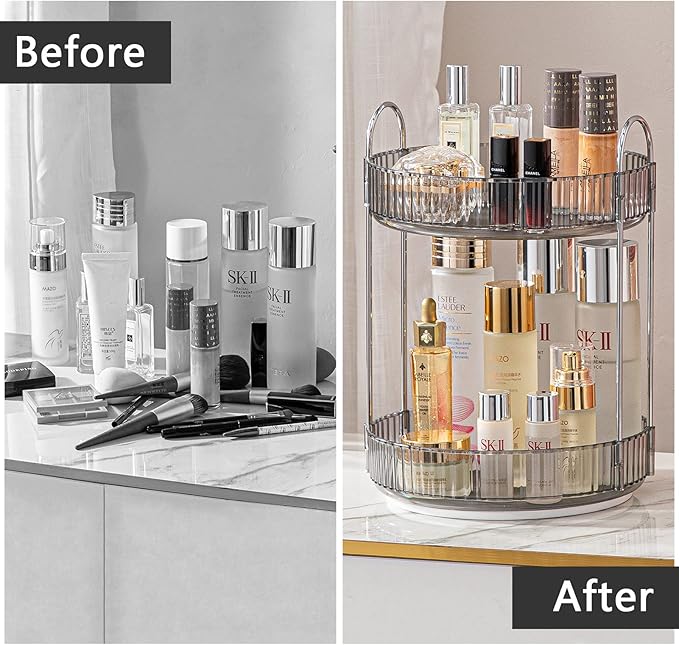 Rotating Makeup Organizer for Vanity, High-Capacity Skincare Clear Make Up Storage Perfume Organizers Cosmetic Dresser Organizer Countertop 360 Spinning (Gray, 2 Tier)