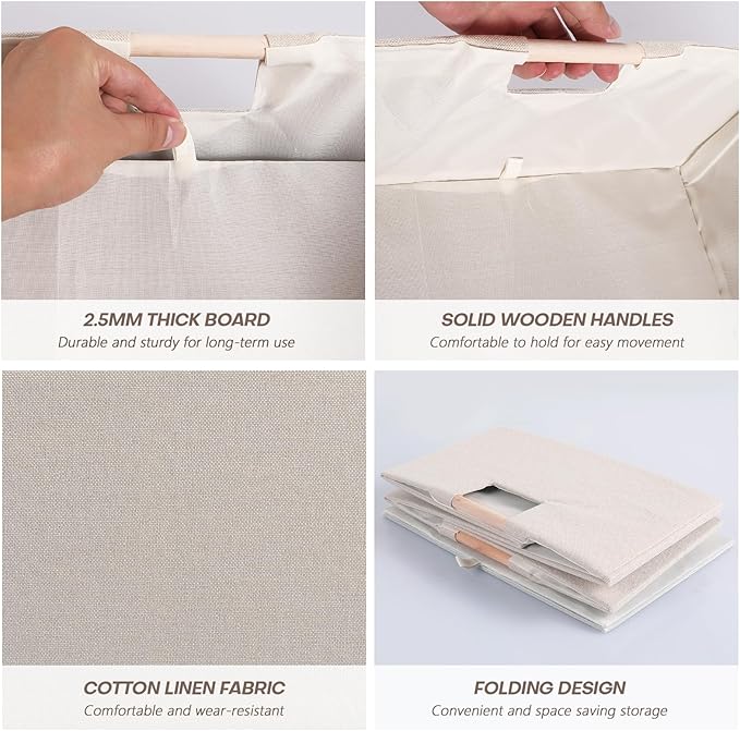 Fabric Storage Bin 3 Pack Foldable Cotton Linen Storage Basket with Wooden Handles Rectangular Cube Box - Beige, Large