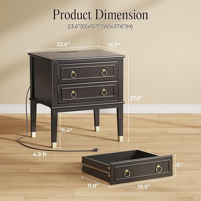 Huuger 27.6 Inch Tall Nightstand with Charging Station, USB-C Port, Larger Night Stand Set of 2, Bedside Table with 2 Drawers, 11.4 Inch Raised Legs, Side Tables End Tables, for Bedroom, Black