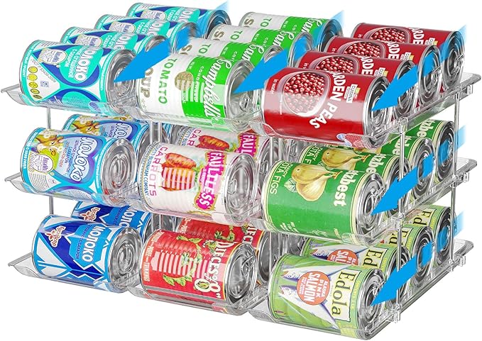 Stackable 3 Tiers Can Organizer Pantry, Canned Food Holder for Fridge Holds 36 Cans, Free Combination & Automatic Rolling, Space Saving Storage for Refrigerator Kitchen Pantry, Clear