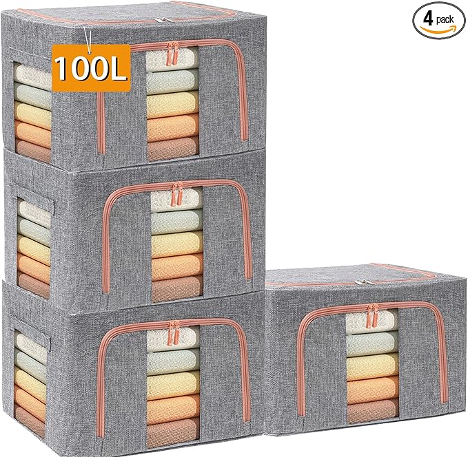 100L Large Storage Bags,Stackable Clothes Storage Bins with Hold Shape Metal Frame,Foldable Closet Organizer Containers with Zipper,Clear Window,Thick Fabric for Seasonal Clothing (Gray, 4 Pack)