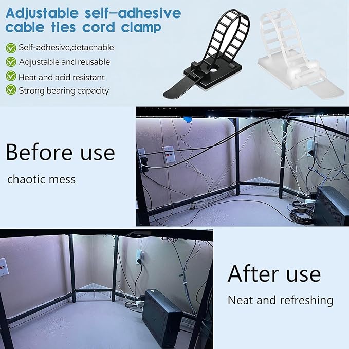 Adjustable 3M Adhesive Cable Management Clips 100Pcs, Large self Adhesive Cable Ties Clips ，Suitable for Cable Management Under desks and on Walls(White)