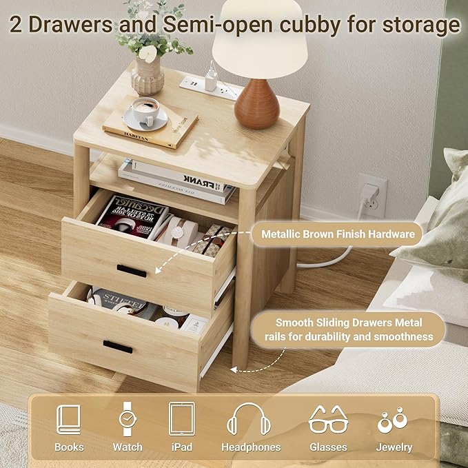 Night Stand with Charging Station, 20" Large Modern Side Table with Solid Round Post Legs, 2 Drawers End Table with Open Shelf, Nightstand with Storage for Bedroom, Natural Oak