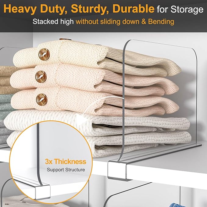 OKPOW Shelf Dividers for Closet Organization - 8" Tall X 12" Deep Acrylic Clear Sturdy Separators for Clothes Purse - Adjustable Removable Easy to Install Storage for Wood Cabinet Housewife 10 Pack