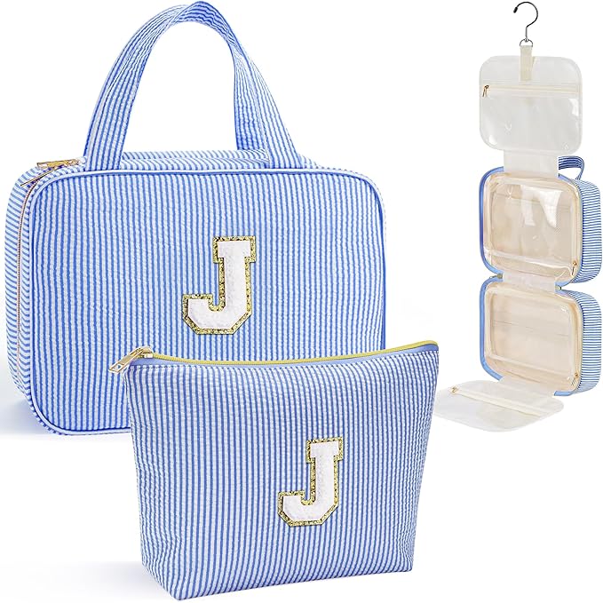 YOOLIFE Travel Toiletry Bag Makeup Bag - Hanging Toiletry Bag for Women, Portable Toiletries Travel Bag and Cosmetic Bag, Airplane Travel Essentials Travel Toiletry Bag - Letter J, Blue
