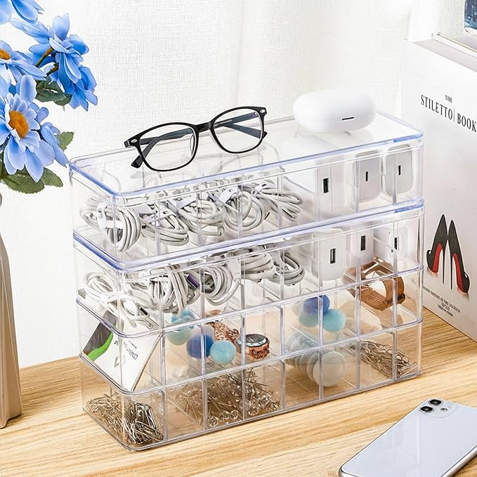 Tatuo 2 Pcs Cable Organizer Box with Wire Ties, Plastic Cord Storage Box with Lid, Electronics Organizer for Home Office Desk Organizers and Accessories (Clear)