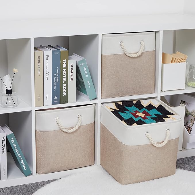 Bidtakay Fabric Storage Baskets for Organizing Beige 13 Inch Collapsible Square Baskets 3 Pack Organization Bins Large Cube Storage Bins Closet Baskets for Shelves Clothes