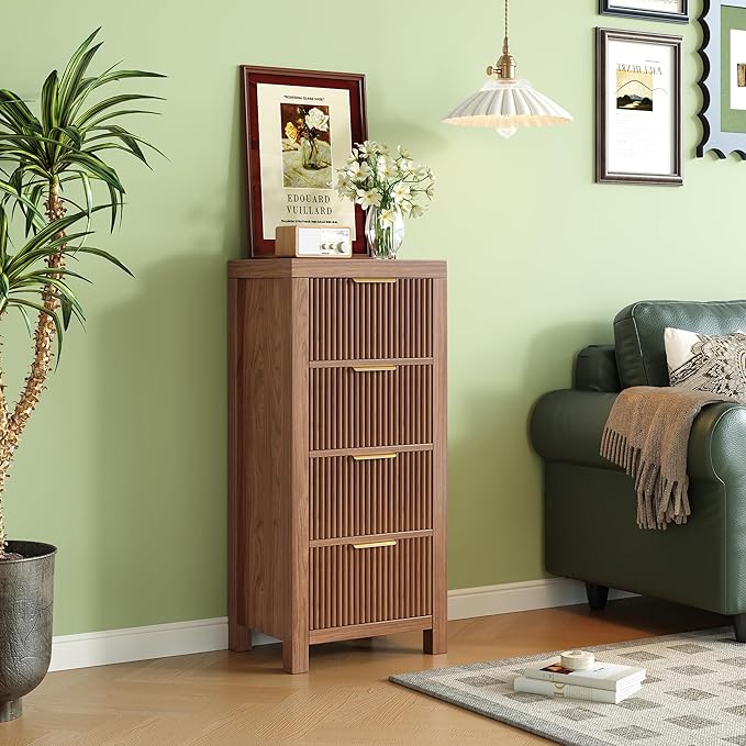 Mid-Century Fluted 8 Drawers Dresser, Modern Wooden Tall Dresser with Smooth Metal Handles, Storage Chest Clothes Organizer for Bedroom, Entryway & Office, Walnut X2