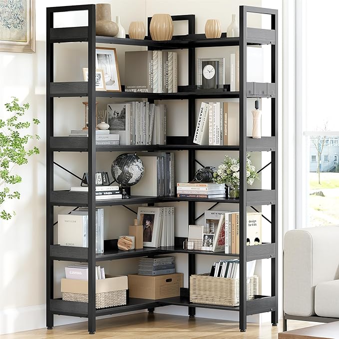 KOUSEI 6-Tier Corner Bookshelf, Reversible L-Shaped Bookcase with 4 Hooks, 69" Industrial Wood & Metal Storage Shelf for Living Room, Home Office & Bedroom, Black