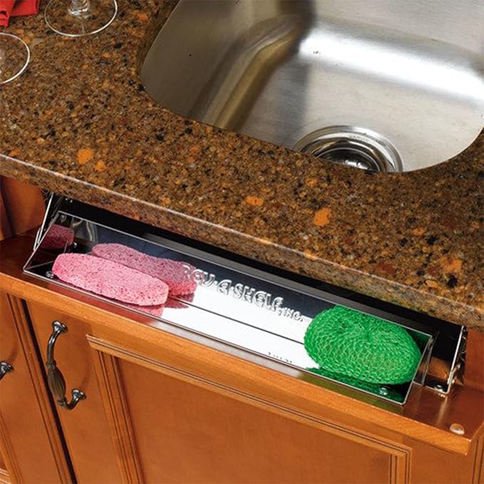 Rev-A-Shelf 25" Slim Tip-Out Sink Tray for Kitchen and Bathroom Base Cabinets, Large Pull Out Stainless Steel Storage Organizer, Silver, 6541-25-52