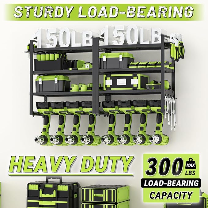 Power Tool Organizer Wall Mount,4 Layers Capacity Heavy Duty Metal Storage Rack with 8 Drill Holders for Drills Cordless Tools,Garage Organizer Suitable Workshop Basement