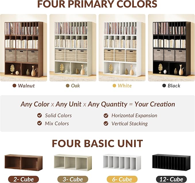 IOTXY DIY Modular Cube Bookcase - CubeXY Customizable Stackable Expandable Basic Shelving Units, 12-Cube Wooden Open Bookshelf with Removable Shelves for Vinyl Record Storage Organizer, Walnut
