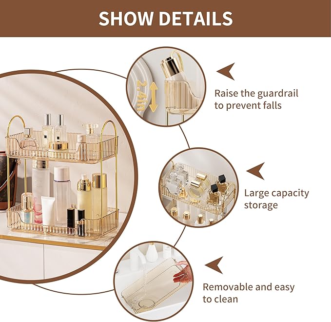 YCIA&DONE Bathroom Organizer Countertop, Makeup Storage, Skincare Cosmetic Tray Shelf, Perfume Holder Rack for Vanity Counter, Large Capacity, Easy to Install, Clean, 2 Tiers, Amber Gold