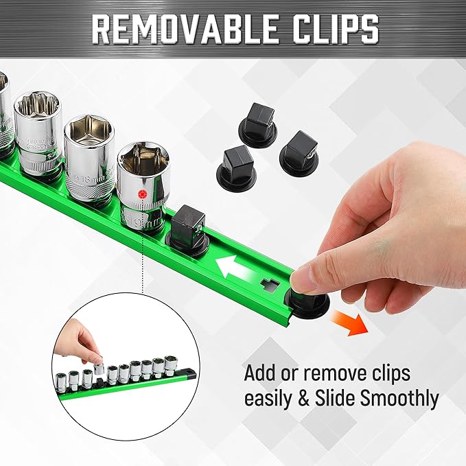 ALOANES 3-Piece Magnetic Socket Organizer, Heavy Duty Aluminum Socket Rails Organizer, 360° Swivel Clips Socket Holder Kit for Tool Box, 1/4-Inch Socket Holder x 42 Clips (Green)