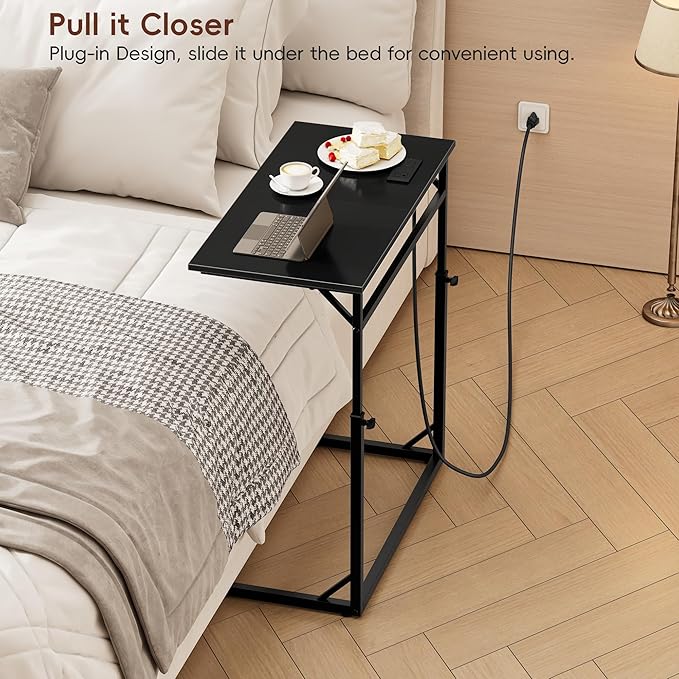 Vagusicc C Shaped End Table with Charging Station, C-Table End Table Adjustable Height Side Table for Couch, Large Couch Tables,Slide Under Sofa Tables TV Tray Arm Tables for Living Room,Bedroom,Black