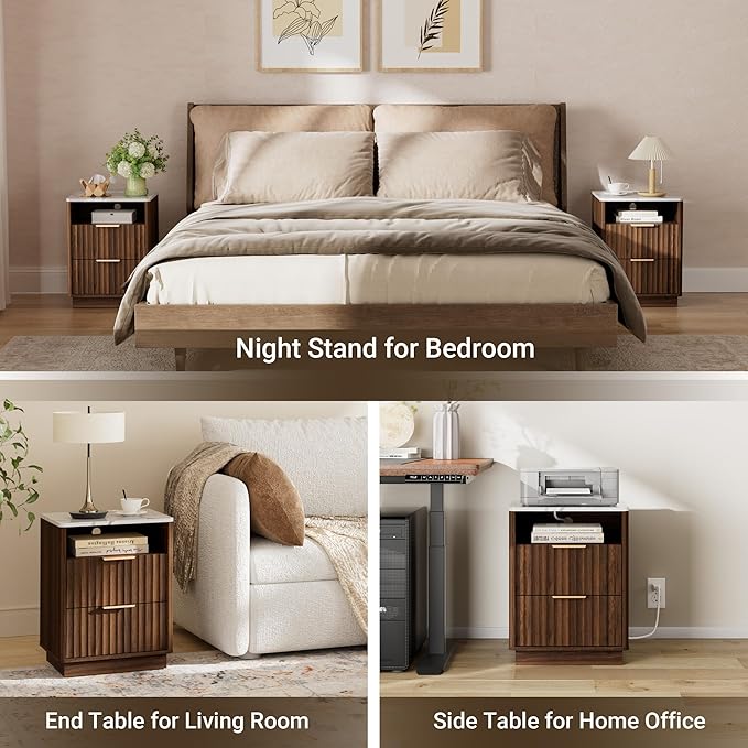 Fluted Night Stand with Charging Station, 18" Modern Nightstand with Faux Marble Top, 2 Drawers End Table with Storage, Bedside Table for Bedroom Living Room, Curved Profile Design(Walnut)
