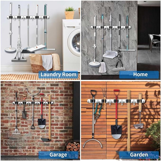 2 Pack Broom Holder Wall Mount, Stainless Steel Broom Hanger Wall Mount, Heavy Duty Mop and Broom Holder Tool Racks Utility Hooks for Laundry Room Garden Garage, Grey (5 Racks and 4 Hooks)