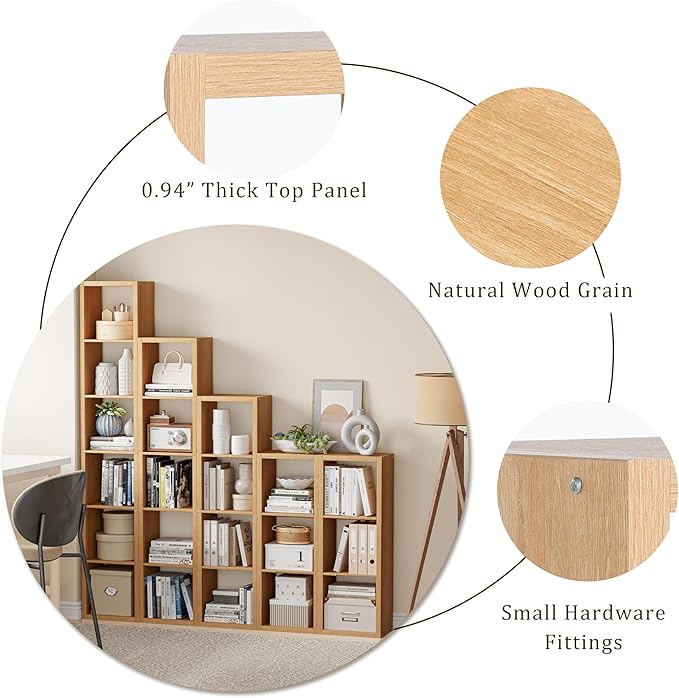 Cube Storage Organizer Bookcase, Decorative 11 inch Open Back Cubical Shelf with Thickened Border, Display Bookshelf for Living Room, Home Office, Sturdy Room (Natural Oak, 7 Cube)