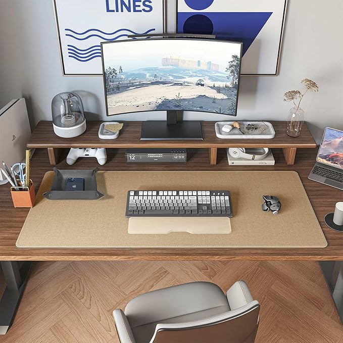 DAWNTREES Dual Sided Desk Mat,Leather Desk Pad,35.5"x17",Cork Desk Mat Protector,with PU Leather Valet Tray Organizer,Large Mouse Pad,Desk Writing Pad for Office and Home(Dark Gray)