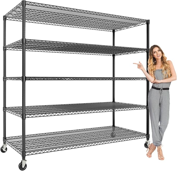82" H Storage Shelves 3300LBS Heavy Duty Shelving Unit with Wheels & Feet, 5-Tiers Garage Shelving for Pantry Garage Kitchen Home Commercia, 82.6" H x 59" W x 23.9" D