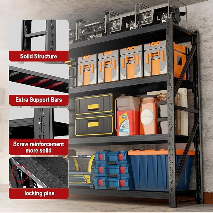 3000LBS Garage Shelving Heavy Duty, 79” H Storage Shelves, 4-Tier Adjustable Metal Storage Shelves, Steel Industrial Shelving Unit, Metal Shelving for Garage, Basement, Warehouse (Black, 31.5x20x79in)