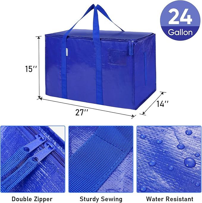 TICONN 2 Pack Extra Large Moving Bags with Zippers & Carrying Handles, Heavy-Duty Storage Tote Moving Boxes for Space Saving (2 Pack, Blue)