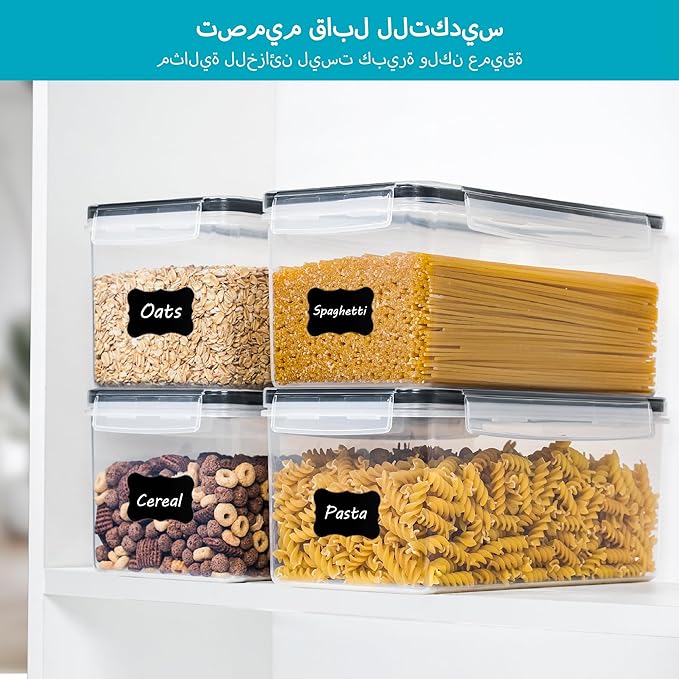 Vtopmart Airtight Food Storage Containers with Lids 4PCS Set 3.2L, Plastic Spaghetti Canisters for Pasta organizer, BPA Free Air Tight Kitchen Pantry Organization