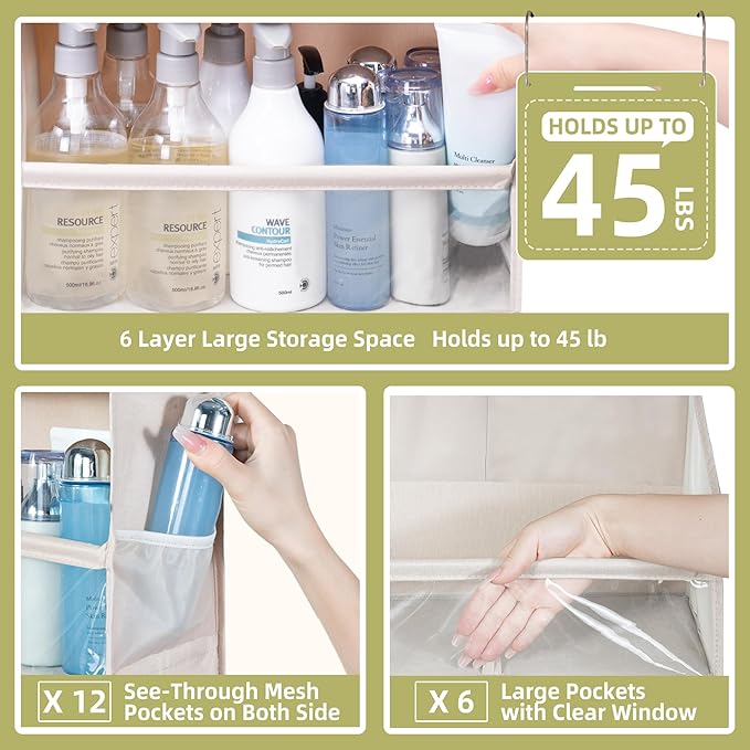 Over Door Organizer with 6 Extra Large Pockets 12 Side Pockets, Sturdy Closet Storage Rack, Hanging Storage Organizer with Clear Window for Shoes, Diapers, Toys, Bedroom, Bathroom, Beige