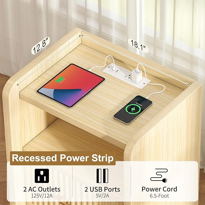 Night Stand with Charger Station, Fluted Wood Nightstand with Drawer Storage, Modern Bedside Table, Wide Nightstands for Bedroom, Mid Century Wooden Night Stands for Home Office Sofa Couch
